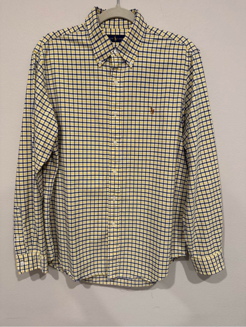 Ralph Lauren Men’s L Yellow Blue Plaid Check Button Down Shirt 100% Cotton